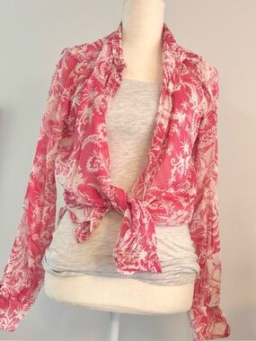 J. Crew Women's Boho Silk Down Pink Floral Sheer Long Sleeve Button Blouse